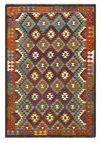 27556 - Kelim Hand-Woven/Flat-Weaved/Afghan Kelim/Carpet Modern/Nomadic Authentic/Size: 9'6" x 6'7"/290cm × 201cm