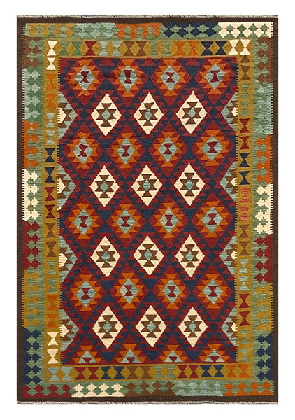 27550 - Kelim Hand-Woven/Flat-Weaved/Afghan Kelim/Carpet Modern/Nomadic Authentic/Size: 9'4" x 6'5"/284cm × 196cm