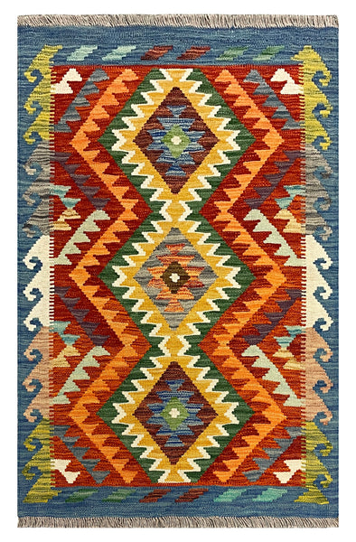 27731 - Kelim Hand-Woven/Flat-Weaved/Afghan Kelim/Carpet Modren/Nomadic Authentic/Size: 4'1" x 2'7"/124cm ×79cm