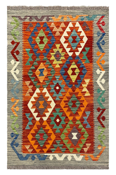 27750 - Kelim Hand-Woven/Flat-Weaved/Afghan Kelim/Carpet Modren/Nomadic Authentic/Size: 4'2" x 2'9"/127cm × 84cm
