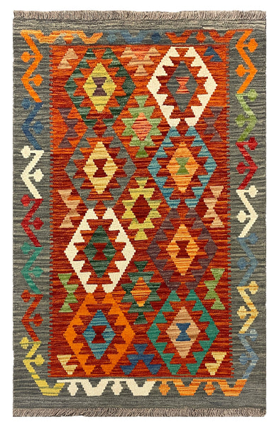 27715 - Kelim Hand-Woven/Flat-Weaved/Afghan Kelim/Carpet Modren/Nomadic Authentic/Size: 4'2" x 2'8"/127cm ×81cm