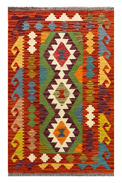 27695 - Kelim Hand-Woven/Flat-Weaved/Afghan Kelim/Carpet Modern/Nomadic Authentic/Size: 4'2" x 2'6"/127 cm × 76 cm