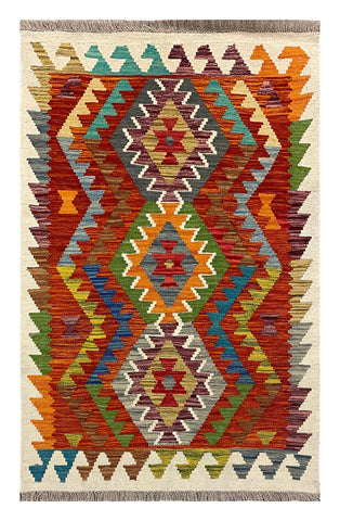 27694 - Kelim Hand-Woven/Flat-Weaved/Afghan Kelim/Carpet Modern/Nomadic Authentic/Size: 4'2" x 2'6"/127 cm × 76 cm