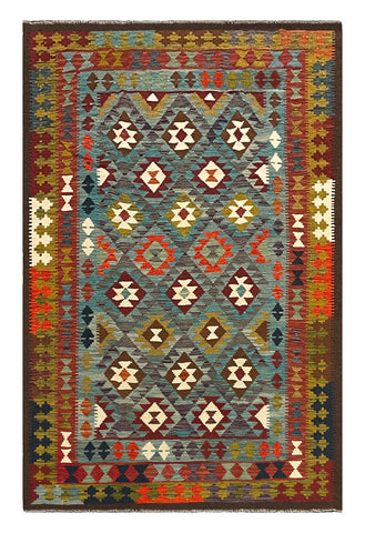 27548 - Kelim Hand-Woven/Flat-Weaved/Afghan Kelim/Carpet Modern/Nomadic Authentic/Size: 9'5" x 6'3"/287cm × 191cm