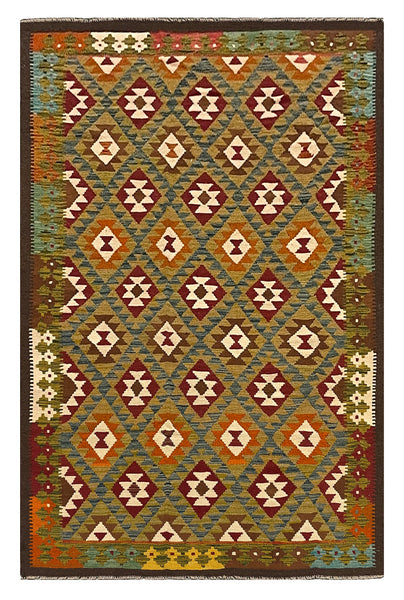 27547 - Kelim Hand-Woven/Flat-Weaved/Afghan Kelim/Carpet Modern/Nomadic Authentic/Size: 9'5" x 6'2"/287cm × 188cm