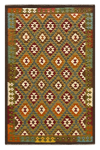 27547 - Kelim Hand-Woven/Flat-Weaved/Afghan Kelim/Carpet Modern/Nomadic Authentic/Size: 9'5" x 6'2"/287cm × 188cm
