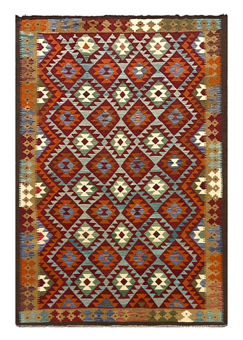 27567 - Kelim Hand-Woven/Flat-Weaved/Afghan Kelim/Carpet Modern/Nomadic Authentic/Size: 9'9" x 6'5"/297cm × 196cm