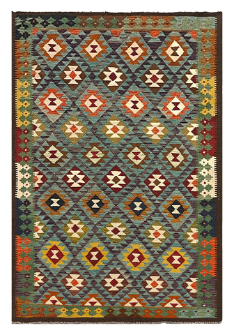 27565 - Kelim Hand-Woven/Flat-Weaved/Afghan Kelim/Carpet Modern/Nomadic Authentic/Size: 9'6" x 6'2"/290cm × 188cm