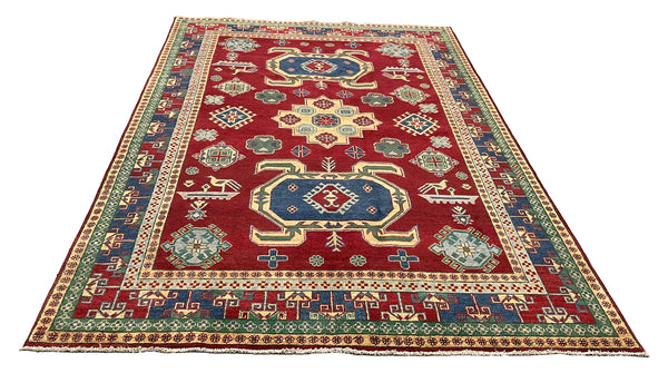 27924-Royal Kazak Hand-Knotted/Handmade Afghan Rug/Carpet Tribal/Nomadic Authentic/ Size: 9'4" x 6'3"/284m x 191cm