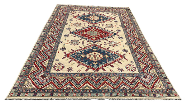 27921-Royal Kazak Hand-Knotted/Handmade Afghan Rug/Carpet Tribal/Nomadic Authentic/ Size: 10'1" x 6'5"/307m x 196cm