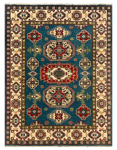 27784-Kazak Hand-Knotted/Handmade Afghan Rug/Carpet Tribal/Nomadic Authentic/ Size: 6'5" x 4'9"/196cm x 145cm