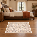 Rocket 1 batch 49 SKU 26765 — horizontal bedside rug parallel to bed, rustic walnut and rust bedroom