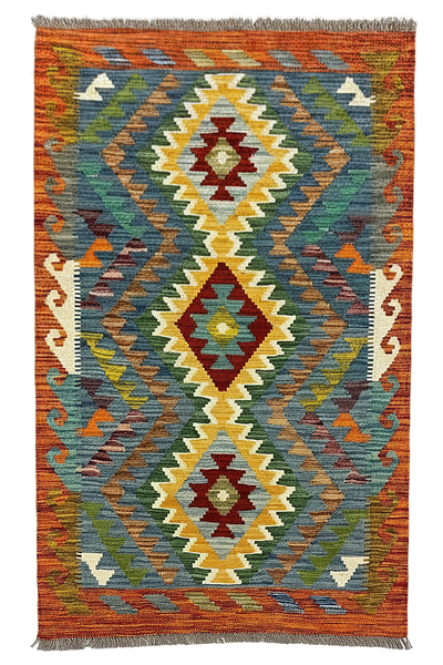 27704 - Kelim Hand-Woven/Flat-Weaved/Afghan Kelim/Carpet Modern/Nomadic Authentic/Size: 4'1" x 2'7"/124 cm × 79 cm
