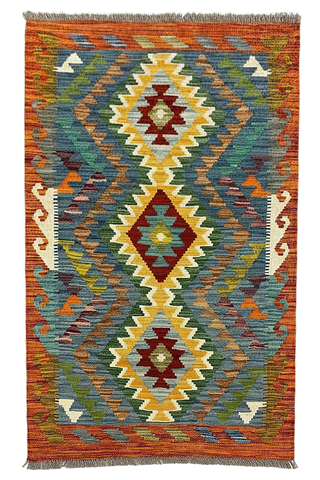 27704 - Kelim Hand-Woven/Flat-Weaved/Afghan Kelim/Carpet Modern/Nomadic Authentic/Size: 4'1" x 2'7"/124 cm × 79 cm