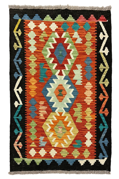 27705 - Kelim Hand-Woven/Flat-Weaved/Afghan Kelim/Carpet Modern/Nomadic Authentic/Size: 4'2" x 2'11"/127 cm × 89 cm