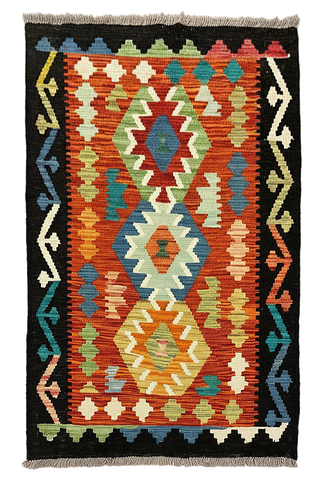 27705 - Kelim Hand-Woven/Flat-Weaved/Afghan Kelim/Carpet Modern/Nomadic Authentic/Size: 4'2" x 2'11"/127 cm × 89 cm