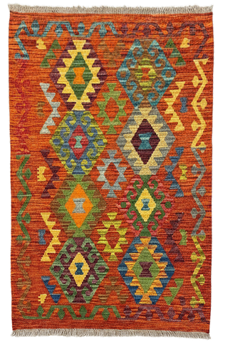 27724 - Kelim Hand-Woven/Flat-Weaved/Afghan Kelim/Carpet Modren/Nomadic Authentic/Size: 4'0" x 2'8"/122cm ×81cm