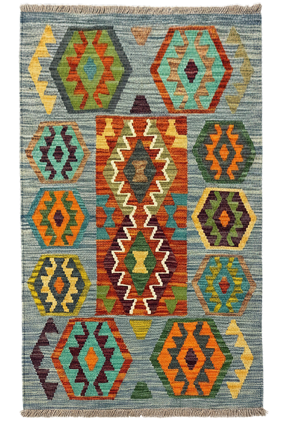 27730 - Kelim Hand-Woven/Flat-Weaved/Afghan Kelim/Carpet Modren/Nomadic Authentic/Size: 3'11" x 2'11"/119cm ×89cm