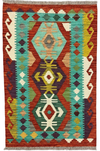 27743 - Kelim Hand-Woven/Flat-Weaved/Afghan Kelim/Carpet Modren/Nomadic Authentic/Size: 4'0" x 2'6"/122cm ×76cm