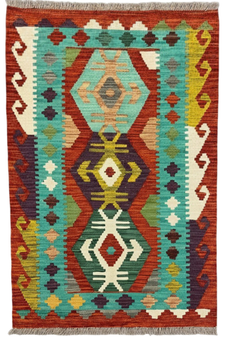 27743 - Kelim Hand-Woven/Flat-Weaved/Afghan Kelim/Carpet Modren/Nomadic Authentic/Size: 4'0" x 2'6"/122cm ×76cm