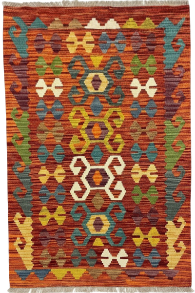 27745 - Kelim Hand-Woven/Flat-Weaved/Afghan Kelim/Carpet Modren/Nomadic Authentic/Size: 4'1" x 2'6"/124cm ×76cm