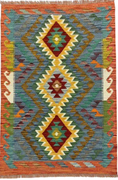 27746 - Kelim Hand-Woven/Flat-Weaved/Afghan Kelim/Carpet Modren/Nomadic Authentic/Size:  4'2" x 2'6"/127cm ×76cm