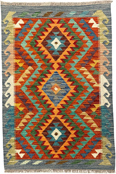 27751 - Kelim Hand-Woven/Flat-Weaved/Afghan Kelim/Carpet Modren/Nomadic Authentic/Size: 4'1" x 2'7"/124cm ×79cm