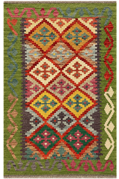 27663 - Kelim Hand-Woven/Flat-Weaved/Afghan Kelim/Carpet Modern/Nomadic Authentic/Size: 4'2" x 2'9"/127cm ×84cm