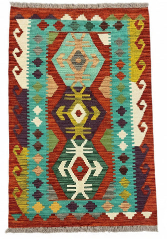27743 - Kelim Hand-Woven/Flat-Weaved/Afghan Kelim/Carpet Modren/Nomadic Authentic/Size: 4'0" x 2'6"/122cm ×76cm