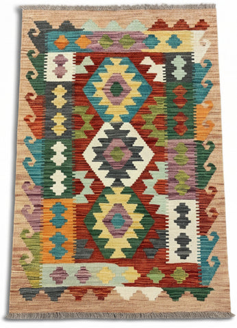 27740 - Kelim Hand-Woven/Flat-Weaved/Afghan Kelim/Carpet Modren/Nomadic Authentic/Size: 4'1" x 2'7"/124cm ×79cm