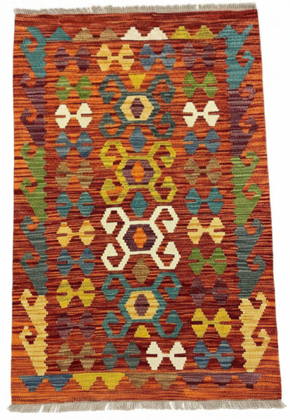 27745 - Kelim Hand-Woven/Flat-Weaved/Afghan Kelim/Carpet Modren/Nomadic Authentic/Size: 4'1" x 2'6"/124cm ×76cm