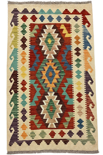 27711 - Kelim Hand-Woven/Flat-Weaved/Afghan Kelim/Carpet Modren/Nomadic Authentic/Size: 4'2" x 2'8"/127cm x 81cm