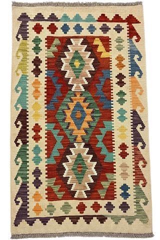 27711 - Kelim Hand-Woven/Flat-Weaved/Afghan Kelim/Carpet Modren/Nomadic Authentic/Size: 4'2" x 2'8"/127cm x 81cm