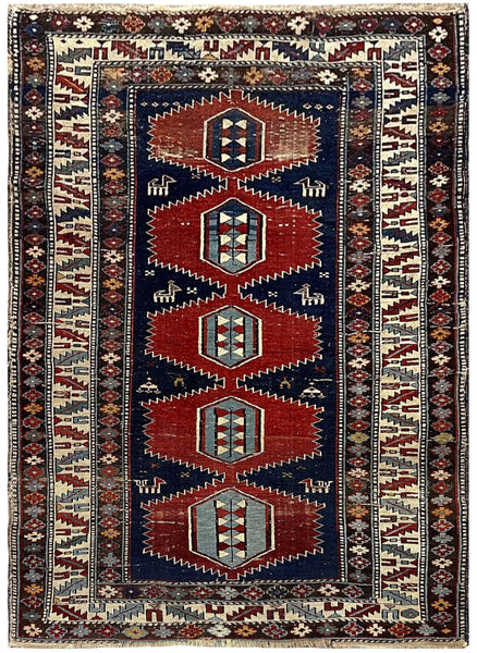 25409-Antique Kazak/Circa-1940/ Hand-Knotted/Handmade Afghan Rug/Carpet Tribal/Nomadic Authentic/ Size: 4'8" x 3'2"