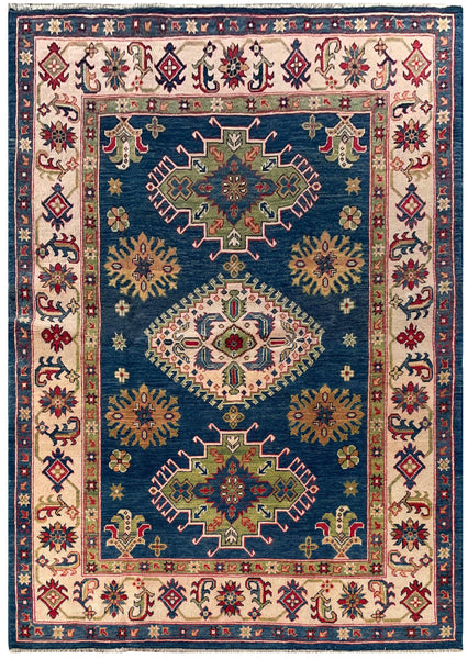 24990-Kazak Hand-Knotted/Handmade Afghan Rug/Carpet Tribal/Nomadic Authentic/ Size: 7'4" x 5'1"/224cm x 155cm