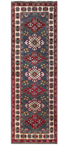 25260-Kazak Hand-Knotted/Handmade Afghan Rug/Carpet Tribal/Nomadic Authentic/ Size: 5’10” x 1’11”