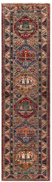 24986- Chobi Ziegler Afghan Hand-Knotted Contemporary/Modern Runner/Size: 9'10" x 2'8"/300cm x 81cm