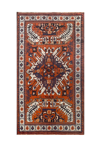 24984-Antique Kazak Hand-Knotted/Handmade Afghan Rug/Signed/Carpet Tribal/Nomadic Authentic/ Size/: 8'10" x 4'8"