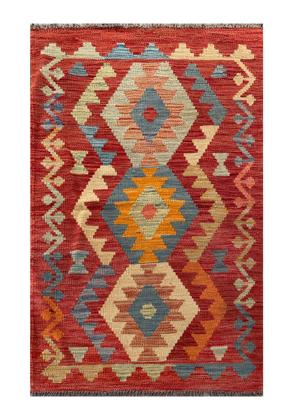 25125- Kelim Hand-Woven/Flat Weaved/Handmade Afghan Rug/Carpet Tribal/Nomadic Authentic/Size: 4'0" x 2'4"