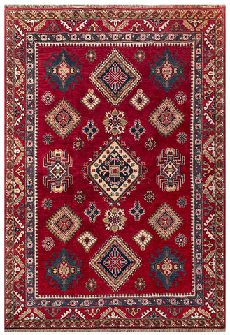 25215-Kazak Hand-Knotted/Handmade Afghan Rug/Carpet Tribal/Nomadic Authentic/ Size: 6’5” x 4’10”