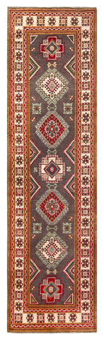 26010-Kazak Hand-Knotted/Handmade Afghan Rug/Carpet Tribal/Nomadic Authentic/ Size: 9'5" x 2'8" / 287cm x 81cm