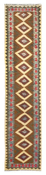 25956- Kelim Hand-Woven/Flat Weaved/Handmade Afghan /Carpet Tribal/Nomadic Authentic/Size: 12'9" x 2'9"