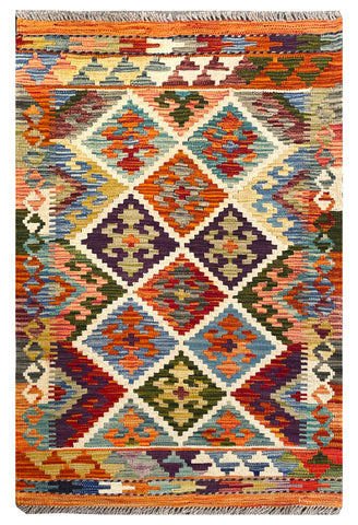 25870- Kelim Hand-Woven/Flat Weaved/Handmade Afghan /Carpet Tribal/Nomadic Authentic/Size: 4'0" x 2'7"