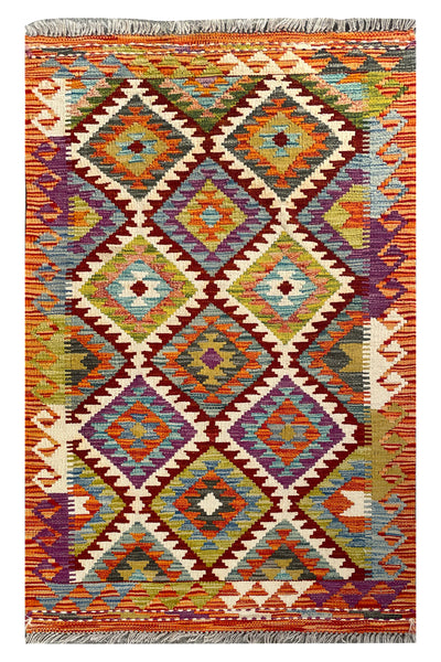 25875- Kelim Hand-Woven/Flat Weaved/Handmade Afghan /Carpet Tribal/Nomadic Authentic/Size: 4'3" x 2'7"