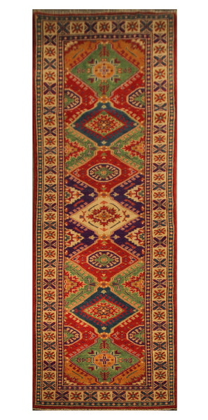 22660 - Kazak Hand-Knotted/Handmade Afghan Tribal/Nomadic Authentic/Size: 10'11" x 2'7"