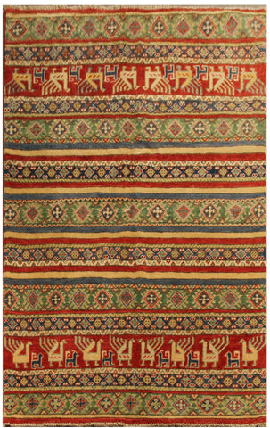 22755 - Kazak Afghan Hand-knotted Contemporary/Nomadic/Tribal Carpet/Rug/Size: 5'8" x 4'2"