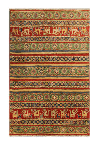 22755 - Kazak Afghan Hand-knotted Contemporary/Nomadic/Tribal Carpet/Rug/Size: 5'8" x 4'2"