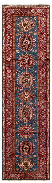 24994-Royal Kazak Hand-Knotted/Handmade Afghan Rug/Carpet Tribal/Nomadic Authentic/ Size: 10'2” x 2’8”/310cm x 81cm