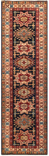 24995-Royal Kazak Hand-Knotted/Handmade Afghan Rug/Carpet Tribal/Nomadic Authentic/ Size: 9’2” x 2’8”/279cm x 81cm