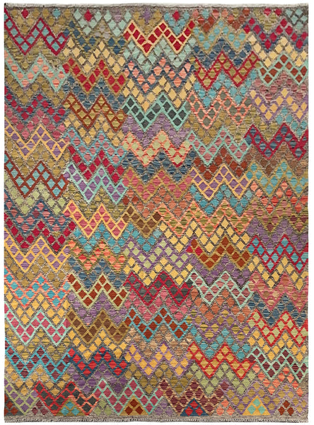 23938 - Kelim Hand-Woven/Flat-Weaved/Afghan Kelim /Carpet Modern/Nomadic Authentic/Size: 9'8" x 7'0"